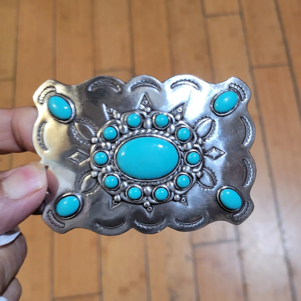 Midwestern Turquoise and Silver Metal Belt Buckle